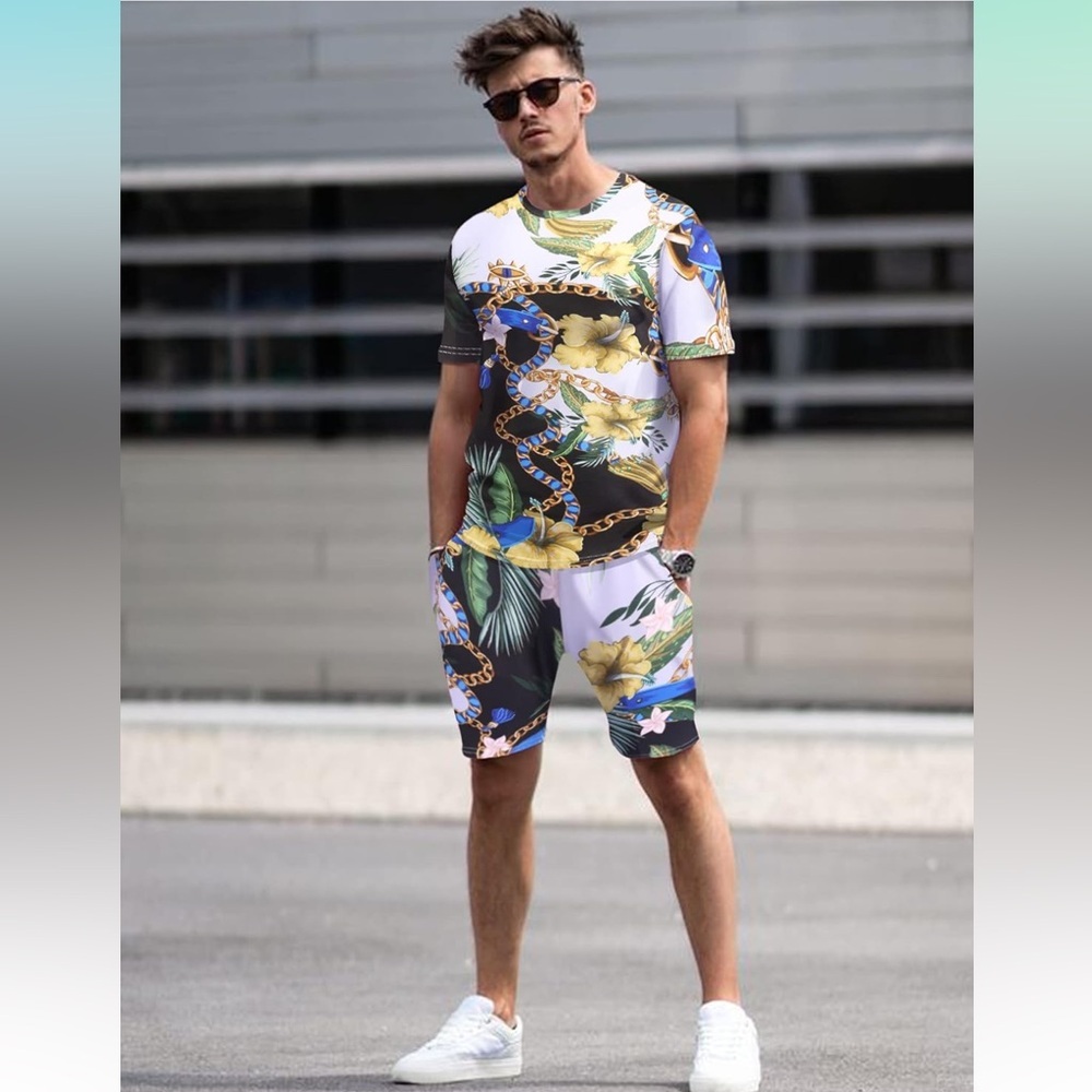 COOFANDY Men's 2 Piece Hawaiian T-Shirt Beach Floral Shorts Tracksuit‎ | NEW!!🌺 - Picture 2 of 7